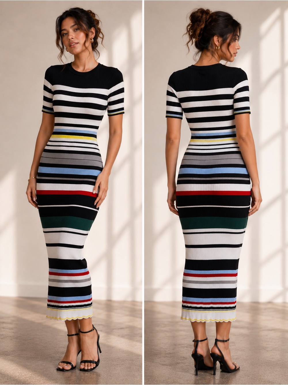 Lumiere Striped Rib-Knit Midi Dress in Black, White, Red and Blue